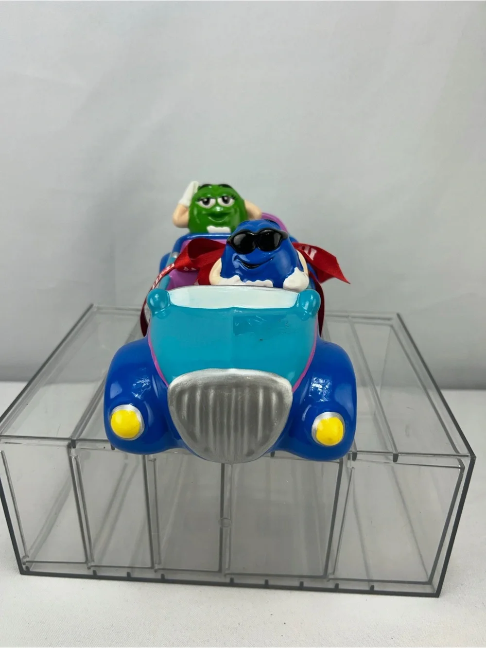 M&M'S Blue & Green Characters in Teal and Royal Blue Toy Car with Red Ribbon